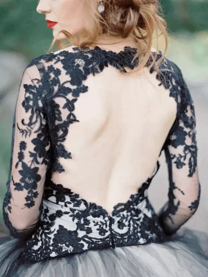Gorgeous A-line V neck Long Sleeve Black Lace Wedding Dress Bridal Gown  WD485 - Image 3