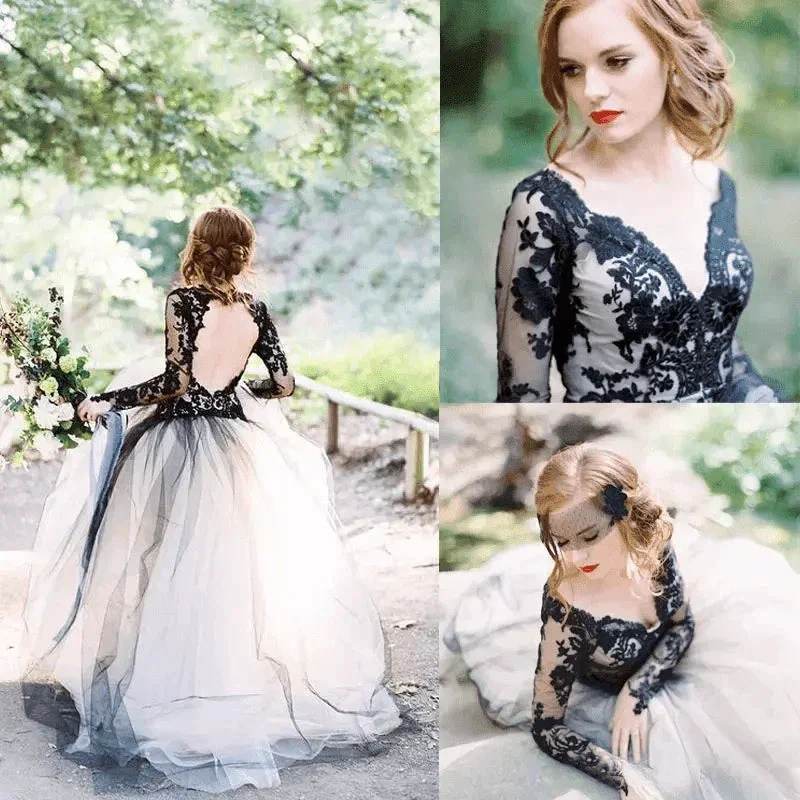 Gorgeous A-line V neck Long Sleeve Black Lace Wedding Dress Bridal Gown  WD485 - Image 5