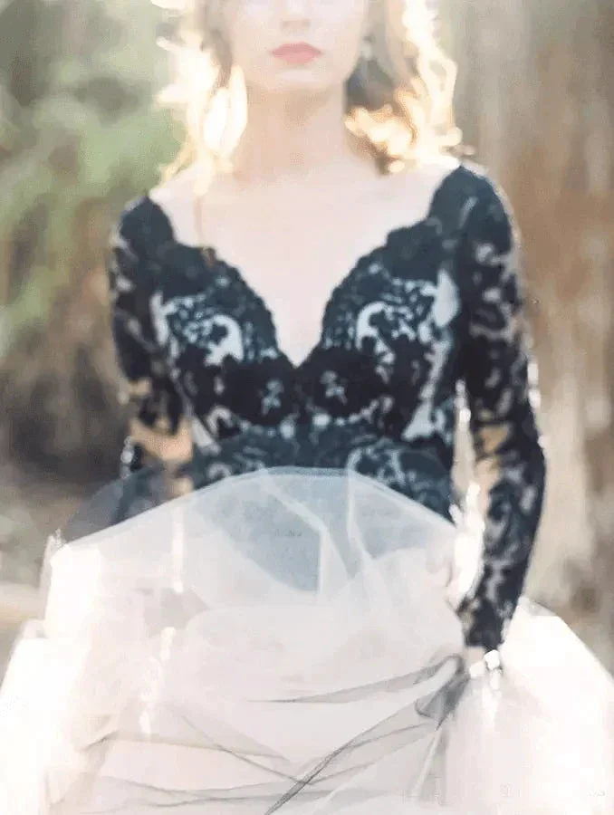 Gorgeous A-line V neck Long Sleeve Black Lace Wedding Dress Bridal Gown  WD485 - Image 6