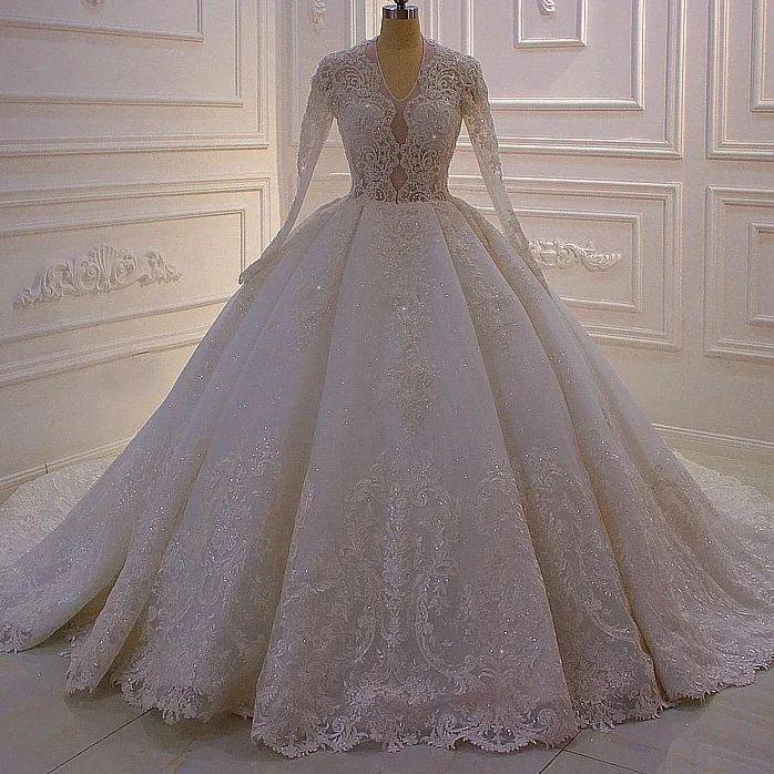 Gorgeous A-line White V-neck Long Sleeves Lace Sequined Wedding Dress - Image 2