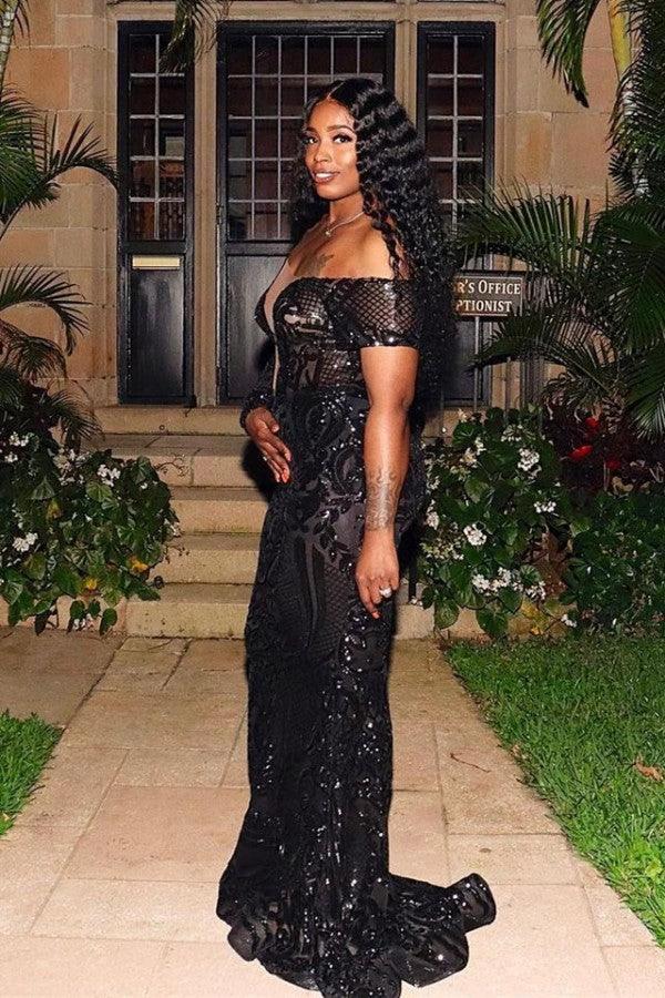 Gorgeous Black Long Mermaid One Shoulder Tulle Lace Prom Dress with Sleeves - Image 2
