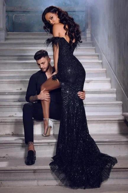Gorgeous Black Long Off-the-shoulder Lace Sequined Evening Dresses With Slit - Image 2