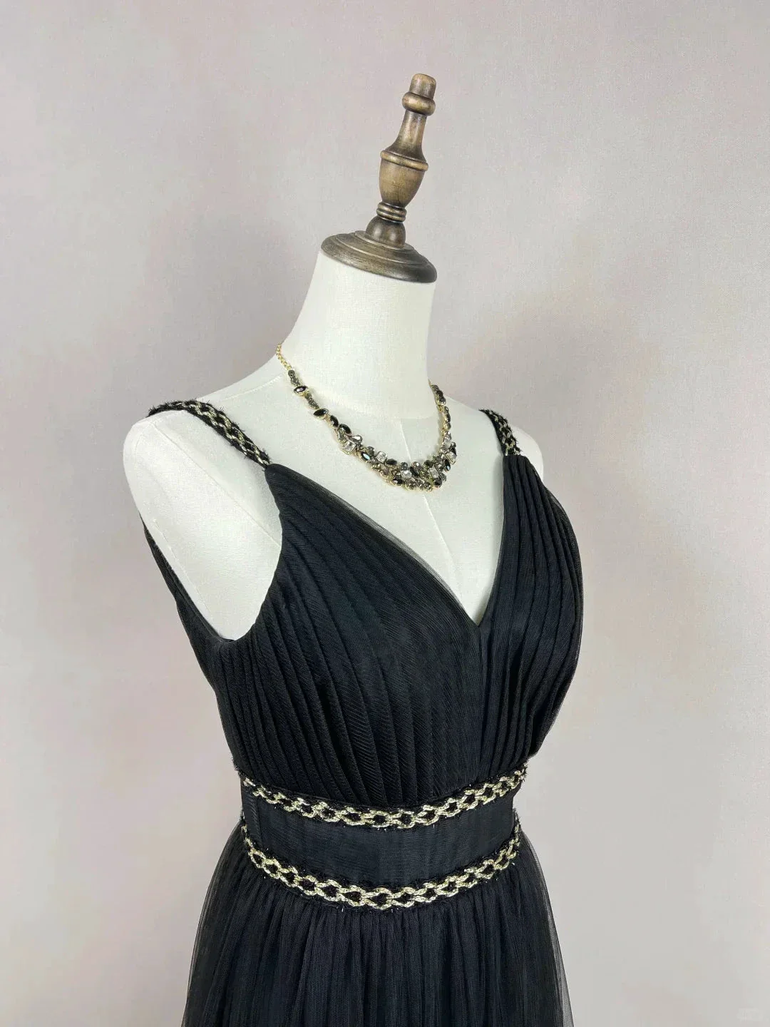 Gorgeous Black Tulle Gold Silk Feathers A Line Prom Dress Formal Evening Dress Y8652 - Image 2