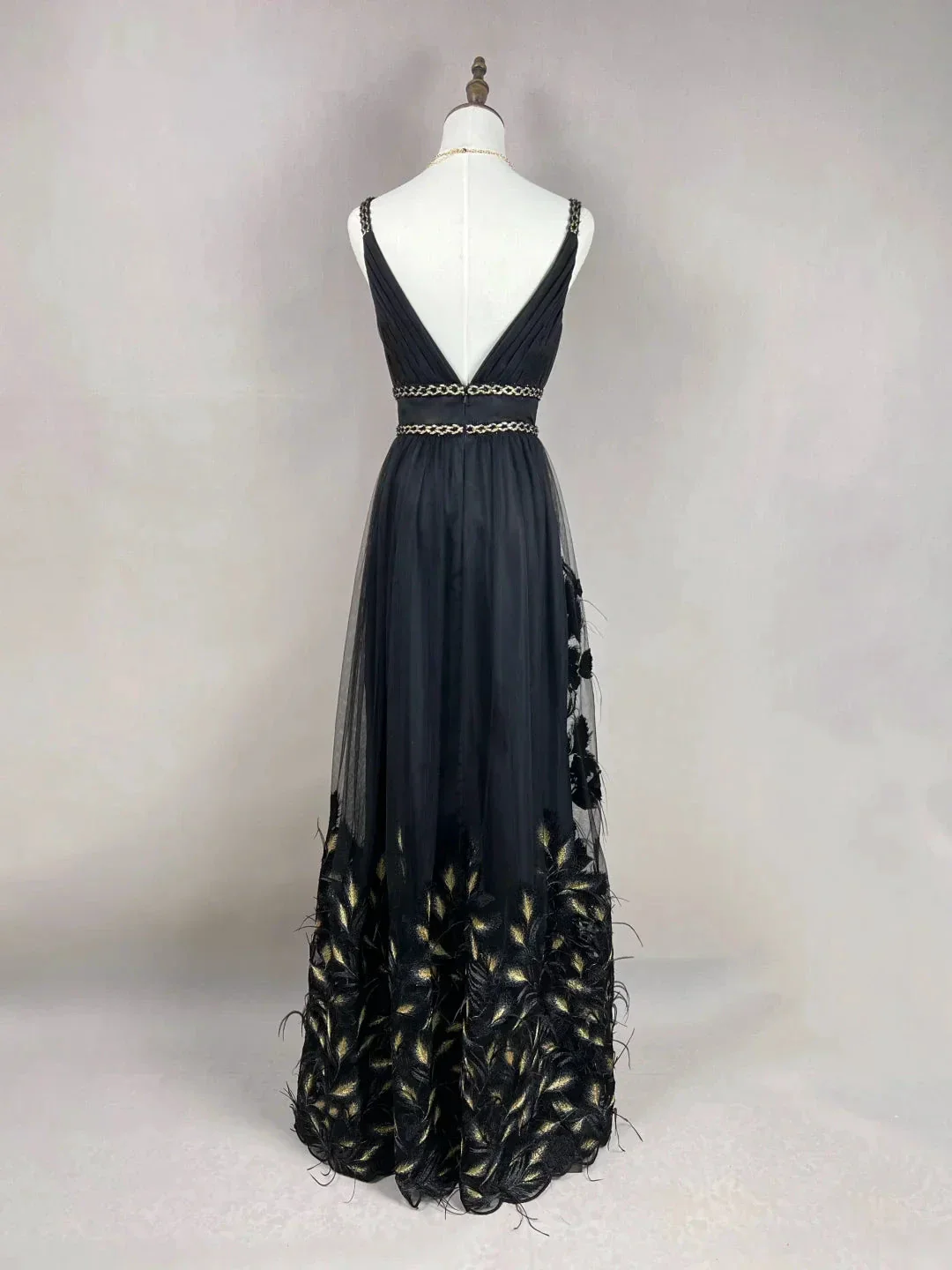 Gorgeous Black Tulle Gold Silk Feathers A Line Prom Dress Formal Evening Dress Y8652 - Image 5