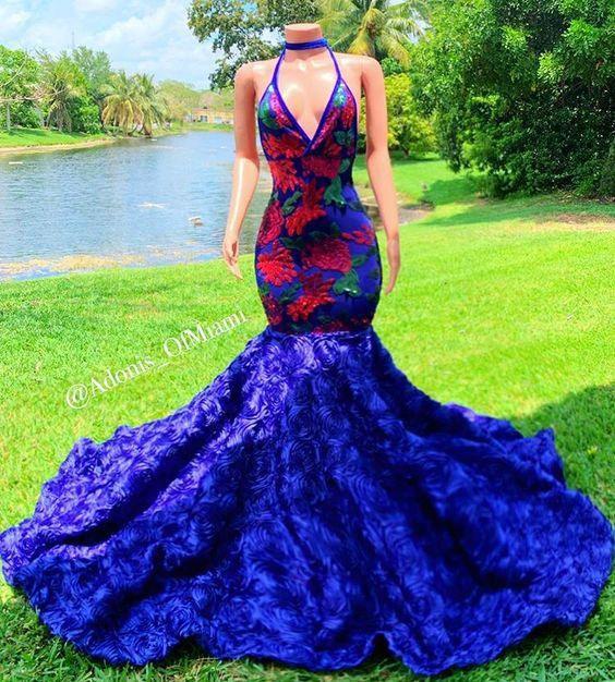 Gorgeous Blue Appliques Halter V-neck Sleeveless Floor-length Mermaid Prom Dresses - Image 2
