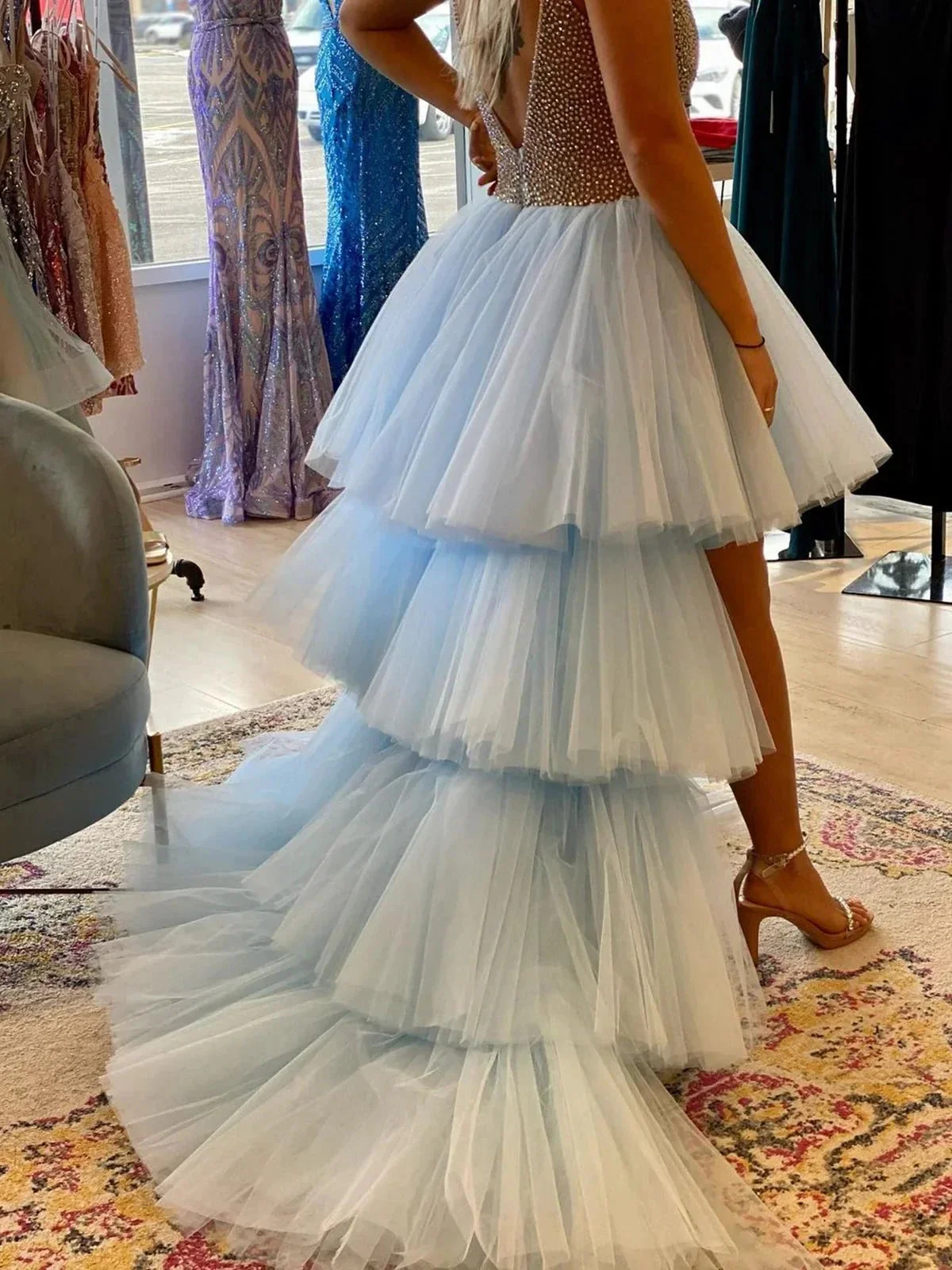 Gorgeous Blue High Low A-line V Neck Beaded Tulle Prom Dresses with Train - Image 3