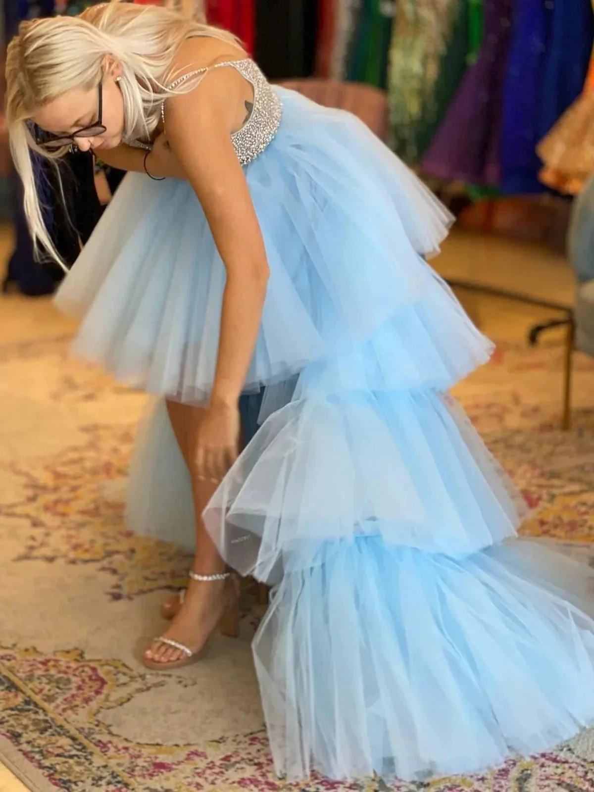 Gorgeous Blue High Low A-line V Neck Beaded Tulle Prom Dresses with Train - Image 4
