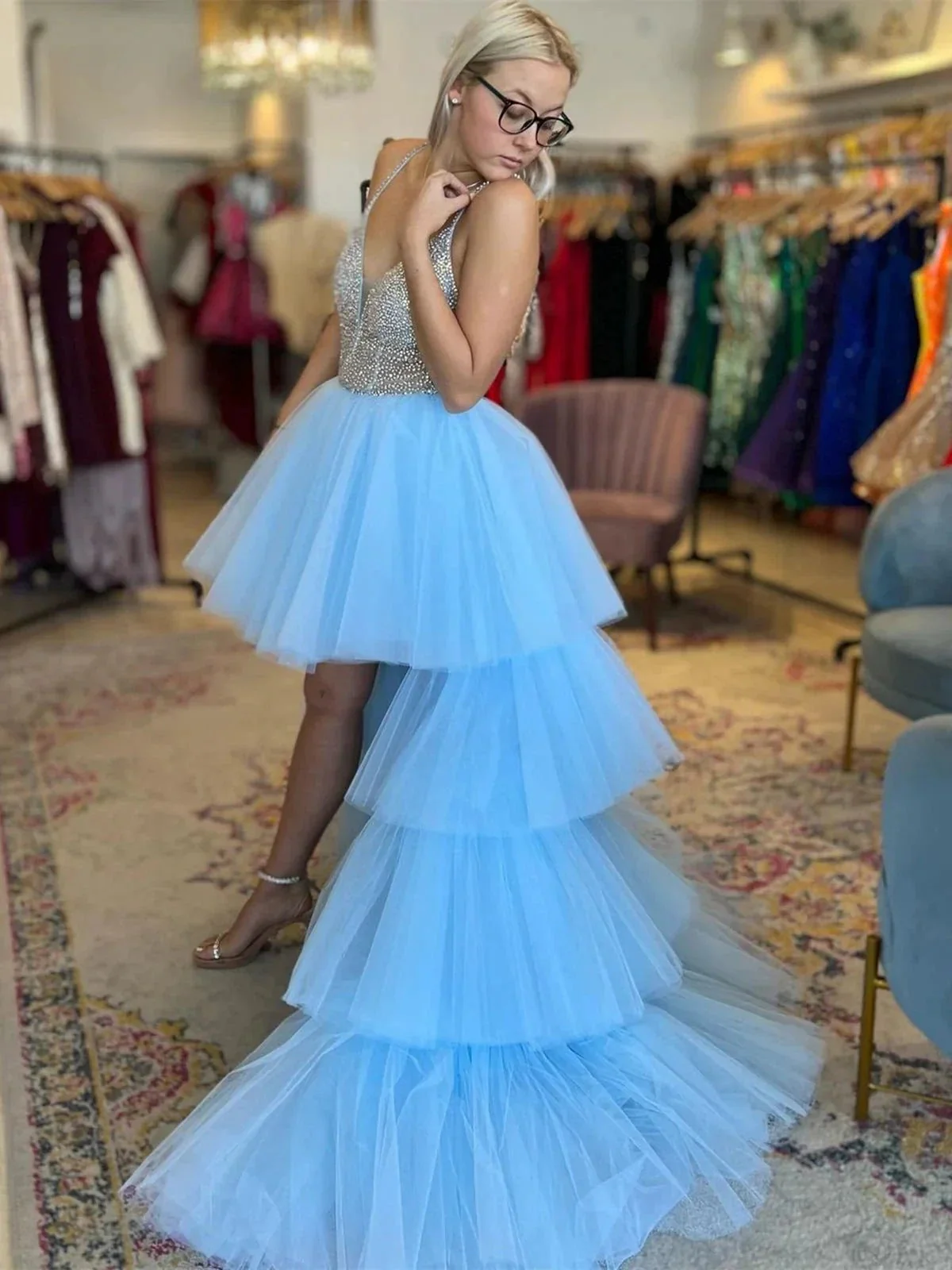 Gorgeous Blue High Low A-line V Neck Beaded Tulle Prom Dresses with Train - Image 5
