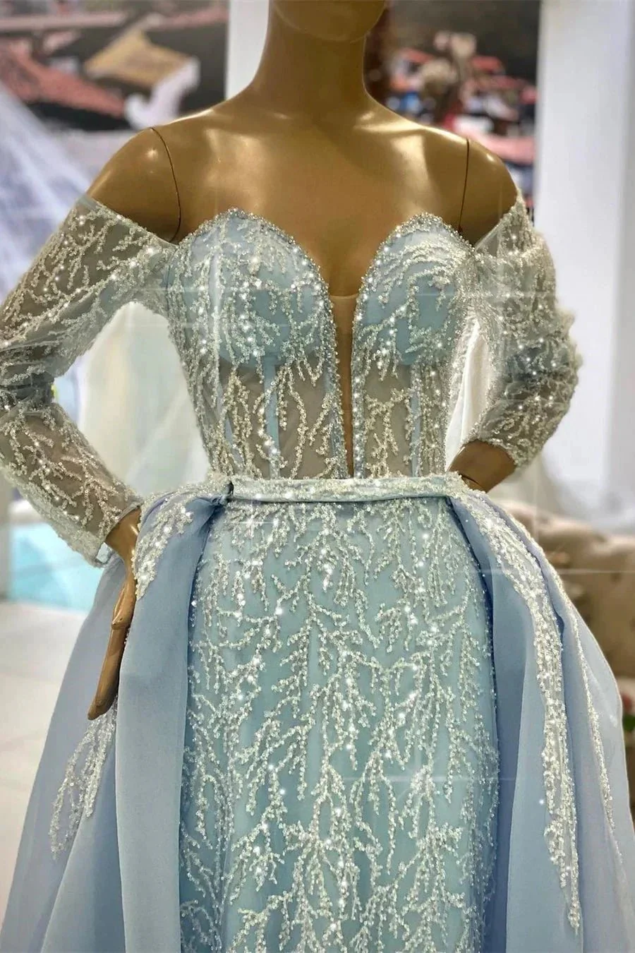 Gorgeous Blue Off-the-shoulder Long Sleeves A-line Beading Prom Dress - Image 2