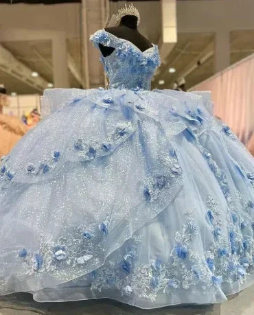 Gorgeous Blue Off The Shoulder Tulle Appliques Ball Gown Birthday Quinceanera Dress Y7835 - Image 2