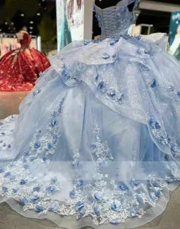 Gorgeous Blue Off The Shoulder Tulle Appliques Ball Gown Birthday Quinceanera Dress Y7835 - Image 3