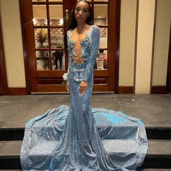 Gorgeous Blue Satin Beaded Appliques Formal Prom Dress Sexy Backless Mermaid Evening Dress Y7949