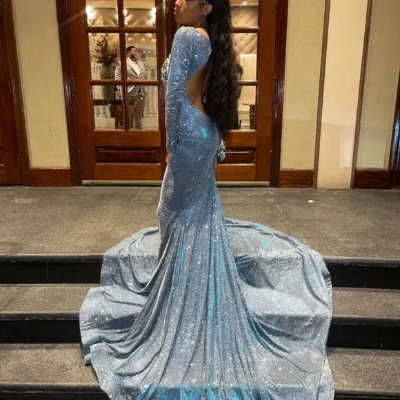 Gorgeous Blue Satin Beaded Appliques Formal Prom Dress Sexy Backless Mermaid Evening Dress Y7949 - Image 2