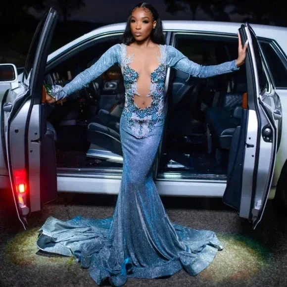 Gorgeous Blue Satin Beaded Appliques Formal Prom Dress Sexy Backless Mermaid Evening Dress Y7949 - Image 3