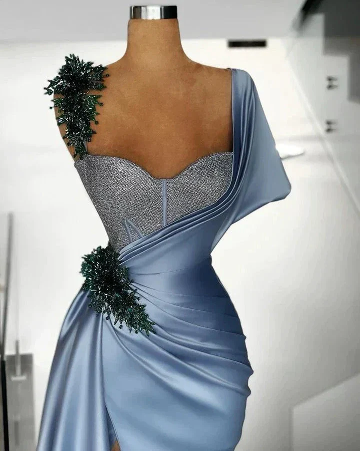 Gorgeous Blue Satin Beaded Mermaid Evening Dress Long Formal Prom Dress Y8520 - Image 2