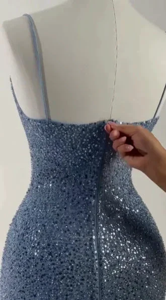 Gorgeous Blue Sequins Beaded Sheath Long Prom Dress Formal Evening Dress Y8512 - Image 3