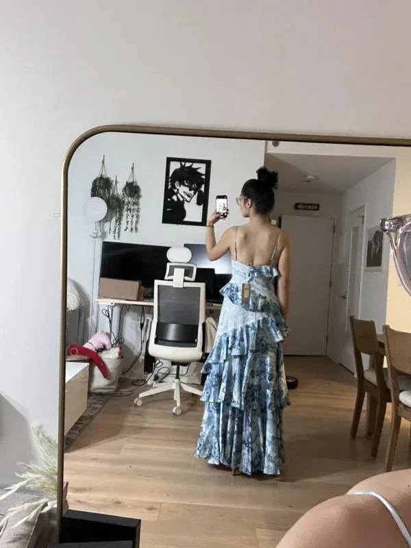 Gorgeous Blue Sleeveless V-Neck Lace Ruffle Tiered Evening Dress Formal Prom Dress Y8460 - Image 2