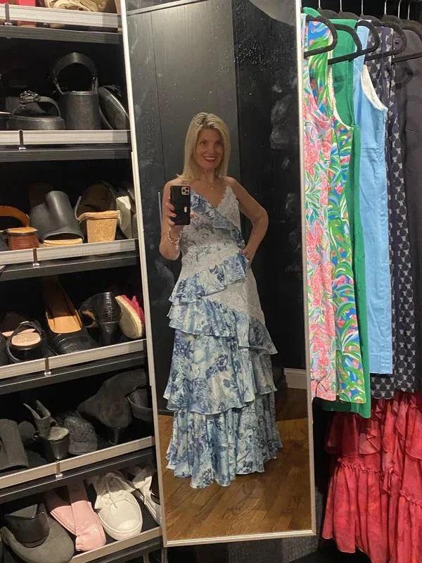 Gorgeous Blue Sleeveless V-Neck Lace Ruffle Tiered Evening Dress Formal Prom Dress Y8460 - Image 3