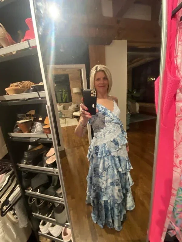 Gorgeous Blue Sleeveless V-Neck Lace Ruffle Tiered Evening Dress Formal Prom Dress Y8460 - Image 5