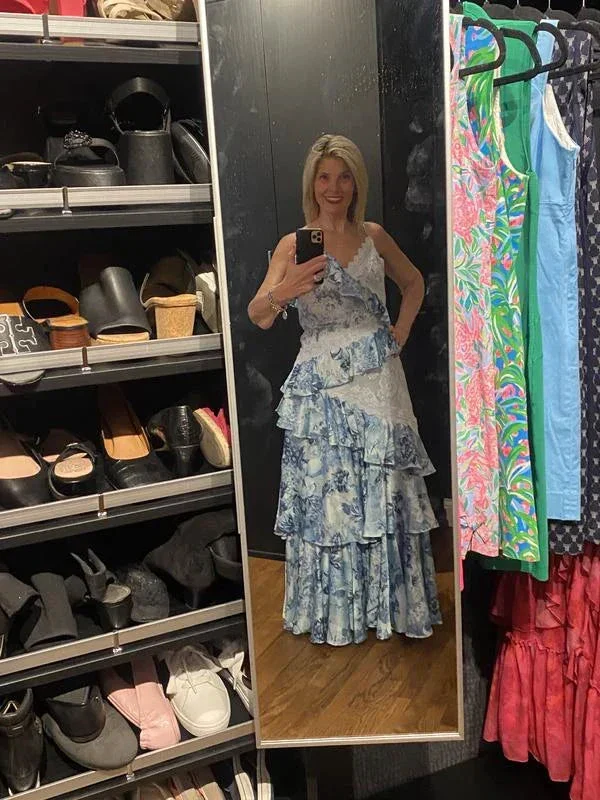 Gorgeous Blue Sleeveless V-Neck Lace Ruffle Tiered Evening Dress Formal Prom Dress Y8460 - Image 7