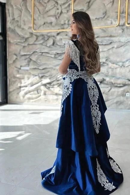 Gorgeous Blue Sweetheart Column Appliques Sleeveless Split Front Floor-length Prom Dresses with Train - Image 3