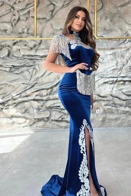Gorgeous Blue Sweetheart Column Appliques Sleeveless Split Front Floor-length Prom Dresses with Train - Image 4