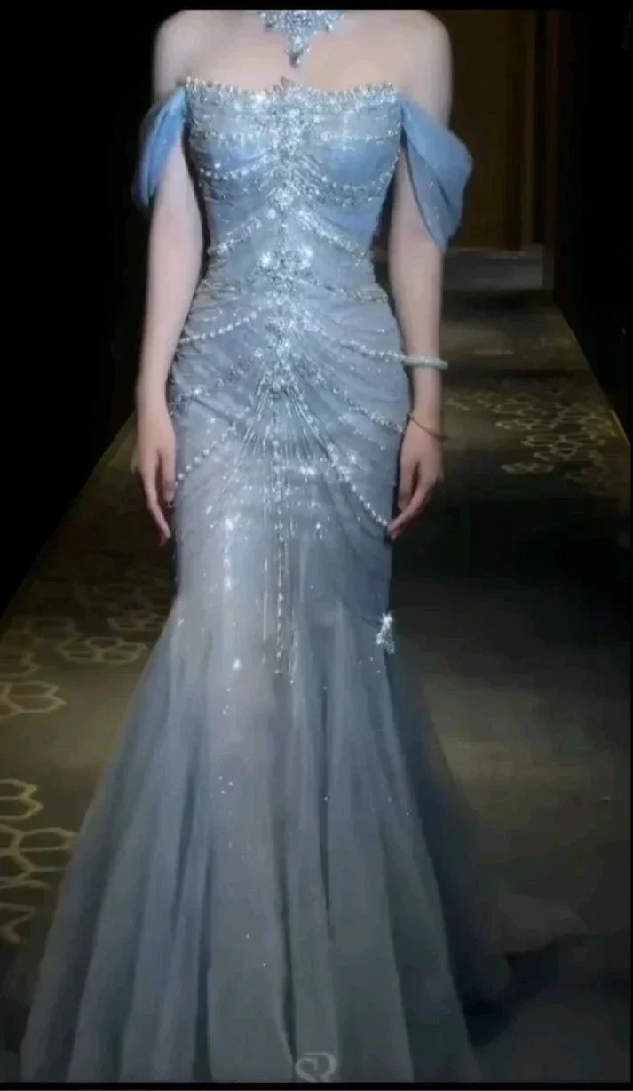 Gorgeous Blue Tulle Beaded wedding Prom Dress Off Shoulder Mermaid Evening Dress Y8058 - Image 2