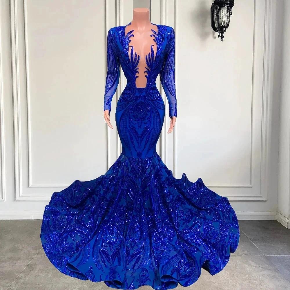 Gorgeous Blue V-neck Sequins Long Sleeve Floor-length Mermaid Prom Dresses - Image 3