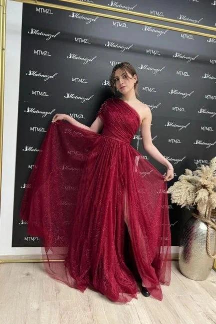 Gorgeous Burgundy Long Glitter A-line One Shoulder Sleeveless Evening Dresses With Slit - Image 2