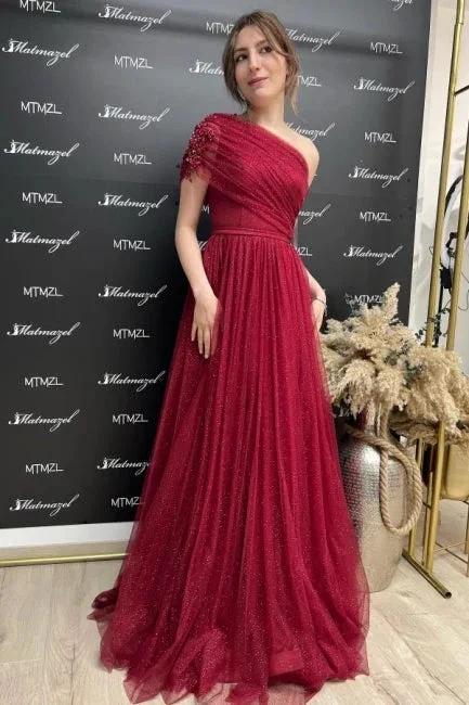 Gorgeous Burgundy Long Glitter A-line One Shoulder Sleeveless Evening Dresses With Slit - Image 3