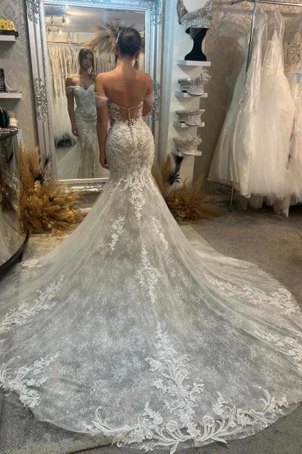 Gorgeous Column Lace Off-The-Shoulder Sleeveless White Wedding Dresses With Appliques Train - Image 2
