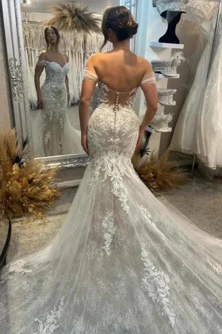 Gorgeous Column Lace Off-The-Shoulder Sleeveless White Wedding Dresses With Appliques Train - Image 3