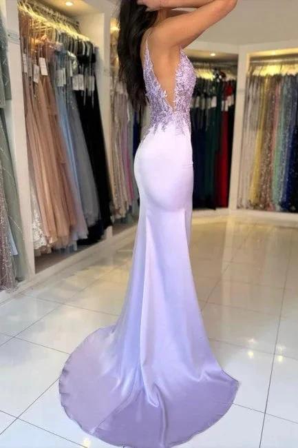 Gorgeous Column Satin Lace V-Neck Sleeveless Prom Dresses With Appliques Split - Image 2