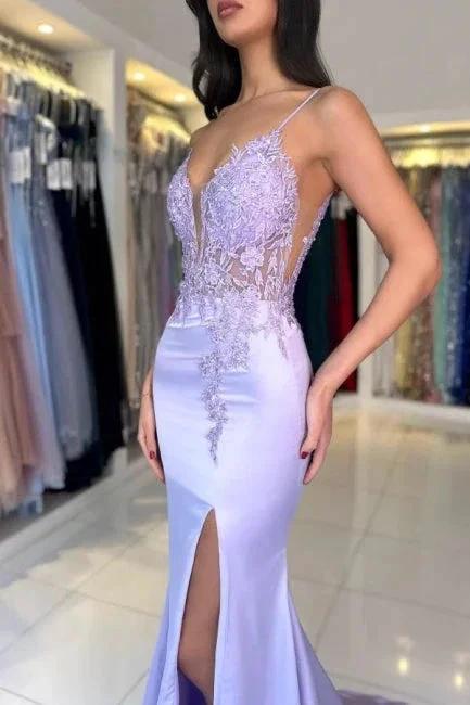 Gorgeous Column Satin Lace V-Neck Sleeveless Prom Dresses With Appliques Split - Image 5