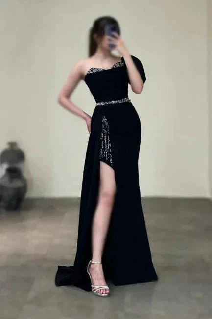 Gorgeous Column Satin One Shoulder Sleeveless Prom Dresses With Sequined Split - Image 2