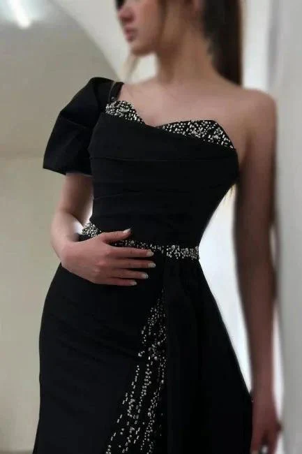 Gorgeous Column Satin One Shoulder Sleeveless Prom Dresses With Sequined Split - Image 3