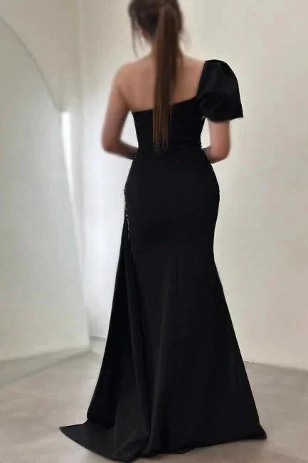 Gorgeous Column Satin One Shoulder Sleeveless Prom Dresses With Sequined Split - Image 4