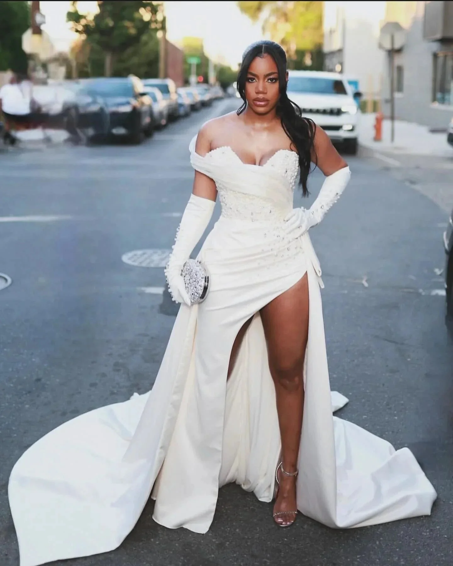 Gorgeous Column Satin One Shoulder Sleeveless White Wedding Dress With Beading Split Train - Image 4