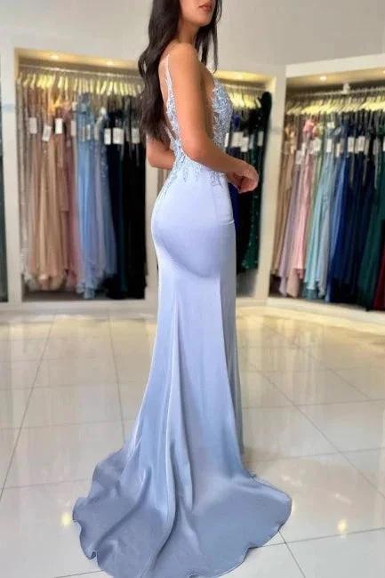 Gorgeous Column Satin Spaghetti Straps Sleeveless Prom Dress With Appliques Split - Image 2
