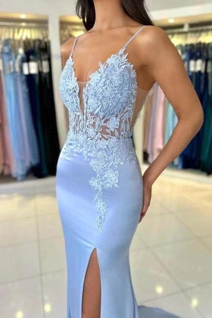 Gorgeous Column Satin Spaghetti Straps Sleeveless Prom Dress With Appliques Split - Image 3