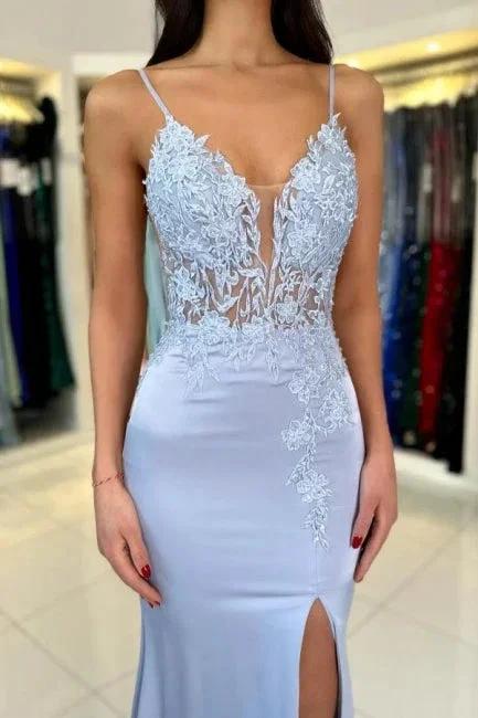 Gorgeous Column Satin Spaghetti Straps Sleeveless Prom Dress With Appliques Split - Image 5