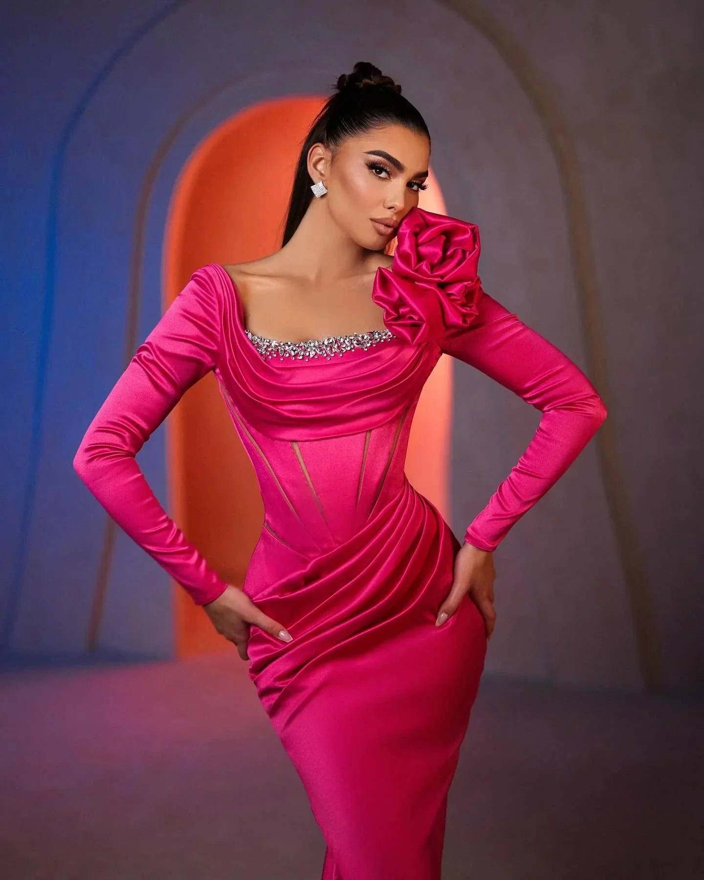 Gorgeous Column Square Long Sleeve Rhinestone Satin Prom Dresses - Image 2