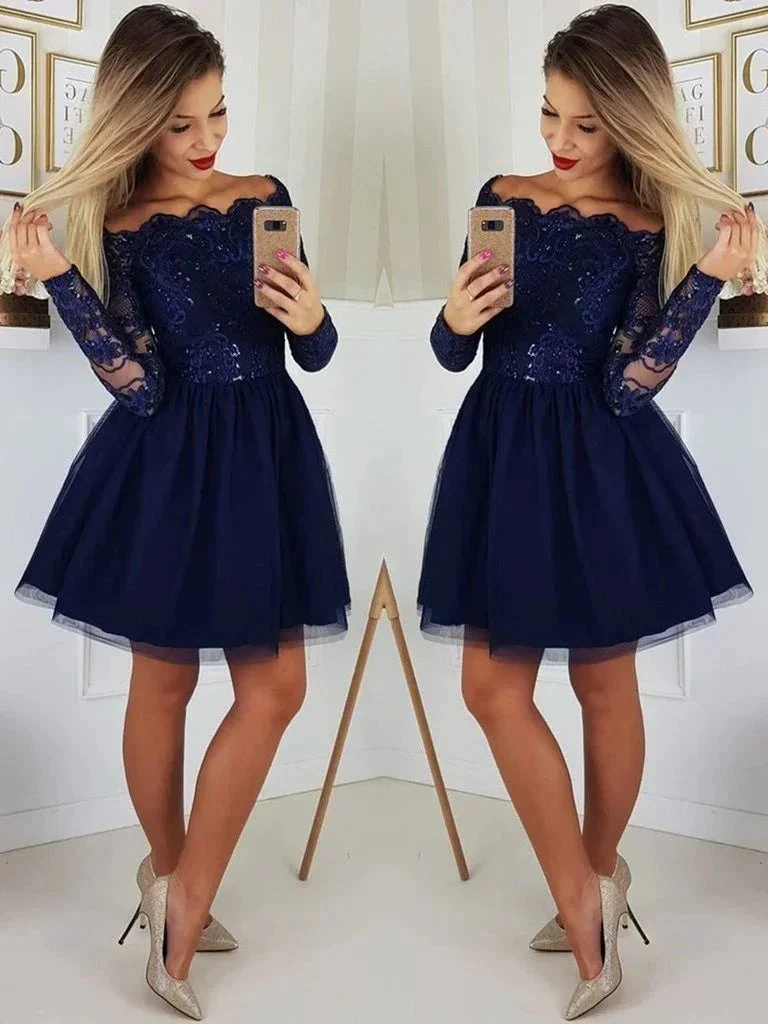 Gorgeous Dark Blue Sequins Short Prom Dresses with Sleeves - Image 2