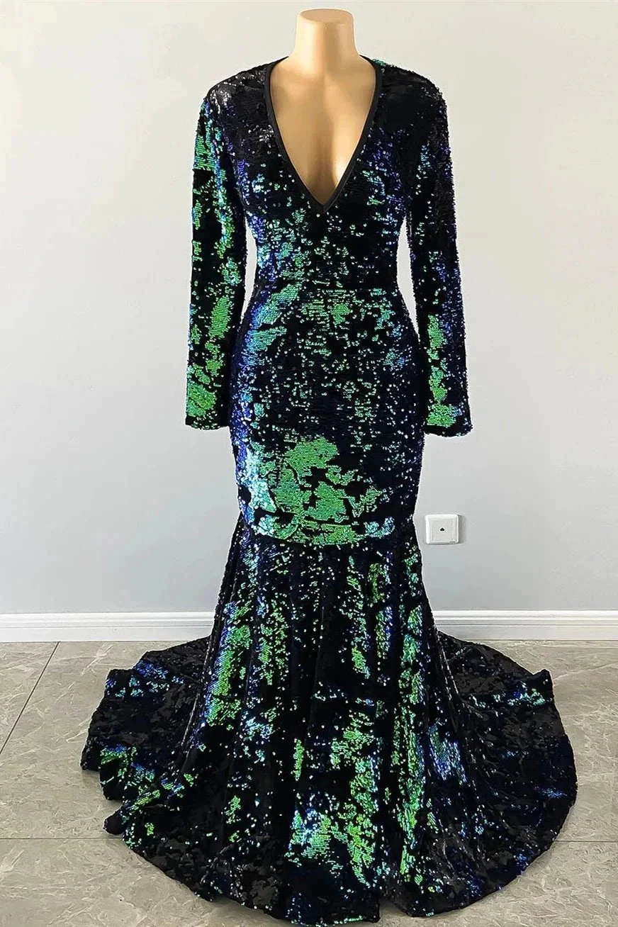 Gorgeous Dark Green V-neck Long Sleeve Floor-length Mermaid Prom Dresses - Image 2