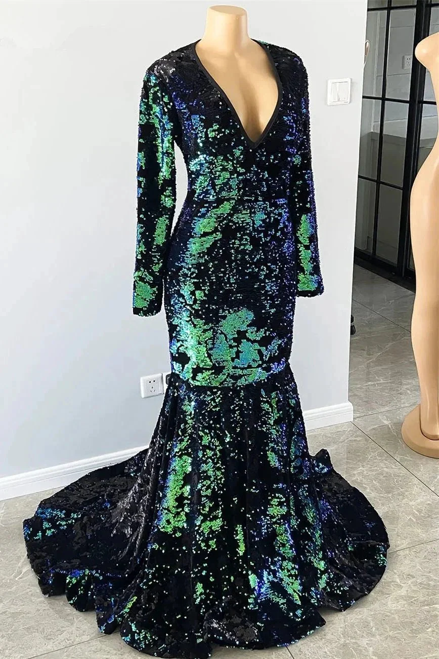 Gorgeous Dark Green V-neck Long Sleeve Floor-length Mermaid Prom Dresses - Image 3