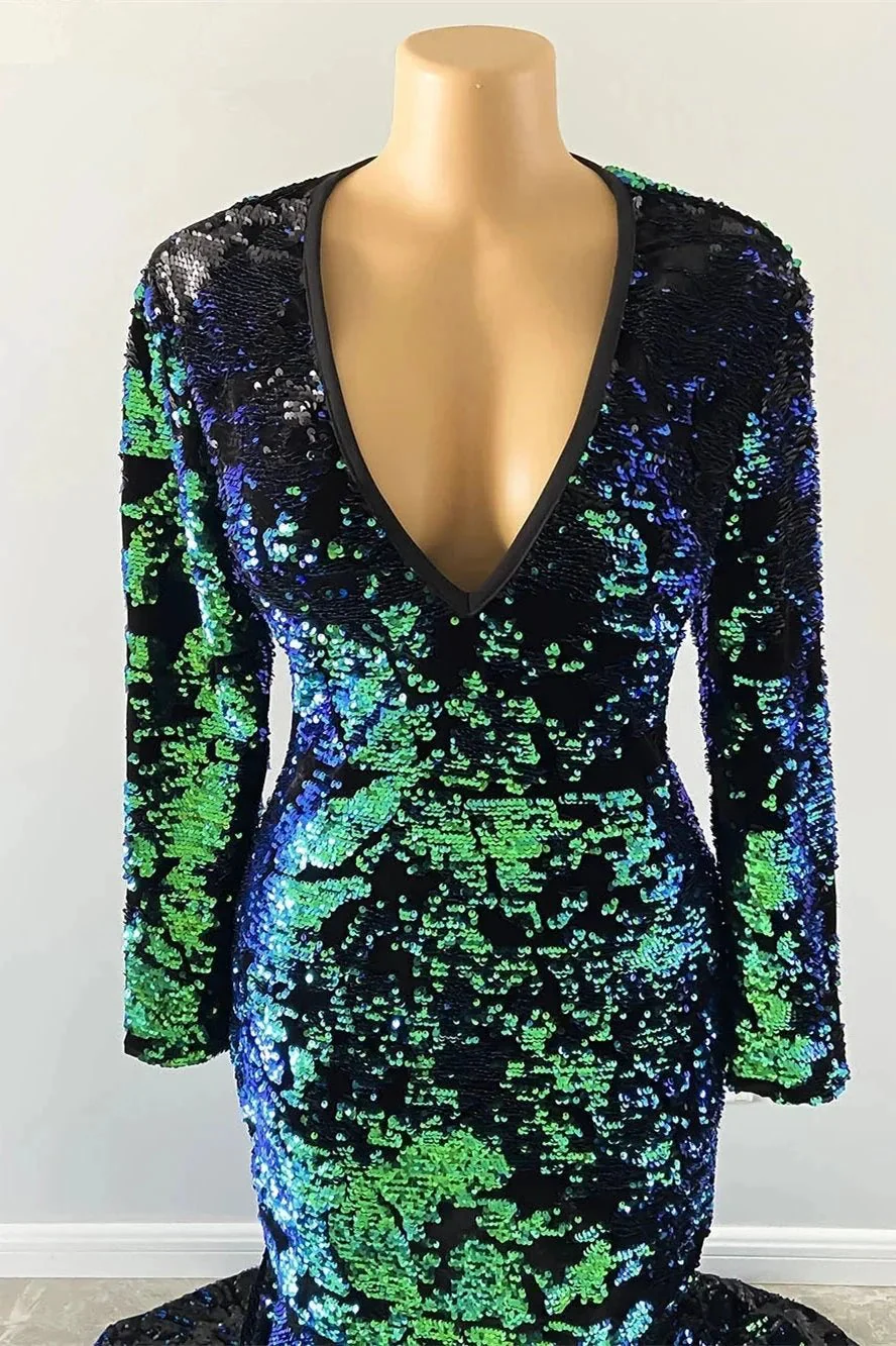 Gorgeous Dark Green V-neck Long Sleeve Floor-length Mermaid Prom Dresses - Image 4