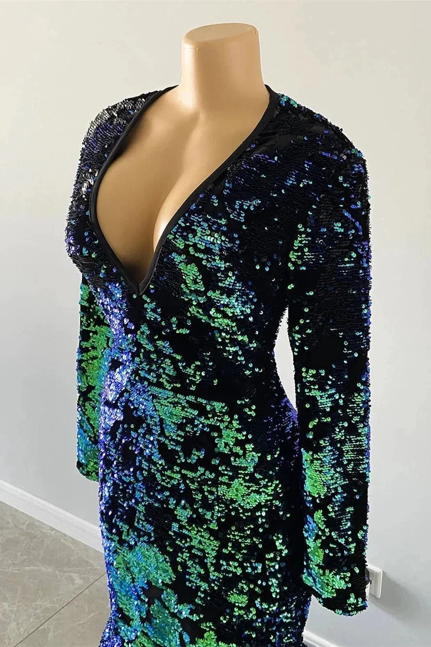 Gorgeous Dark Green V-neck Long Sleeve Floor-length Mermaid Prom Dresses - Image 5