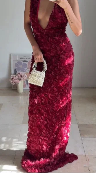 Gorgeous Deep V Burgundy Rose Flowers Sheath Long Prom Dress Evening Dress Y8504 - Image 2