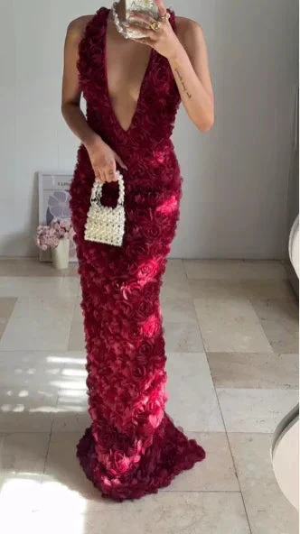 Gorgeous Deep V Burgundy Rose Flowers Sheath Long Prom Dress Evening Dress Y8504 - Image 4