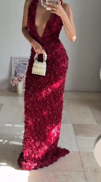 Gorgeous Deep V Burgundy Rose Flowers Sheath Long Prom Dress Evening Dress Y8504 - Image 5